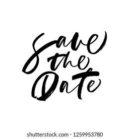 Save the date phrase. Hand drawn wedding calligraphy. Modern brush calligraphy. Ink illustration. Isolated on white background. Wedding template, card, poster, banner.
