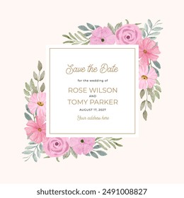 save the date with pink floral watercolor frame