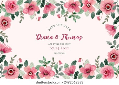 save the date with pink floral watercolor frame