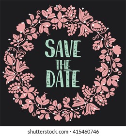 Save the date with pink vector wreath on black background