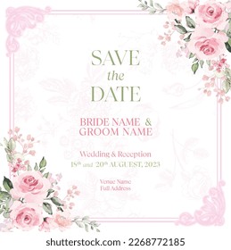 Save the date with pink watercolor flower card. Wedding invitation with pink flowers and leaves. Vector illustration.