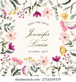 save the date pink yellow wildflower watercolor frame