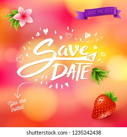 Save the date placeholder text written in white with floral colors and a strawberry in the corner