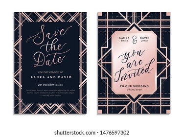Save the date postcard vector illustration. Wedding invitation card on black texture, rose gold geometric lines and frame with you are invited message flat style concept. Place for text