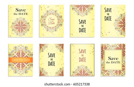 Save the date.Set of postcards with inscription.Template with colorful handmade abstract pattern in pastel color.Vector illustration for congratulation or invitation.Can be used to invite to a wedding