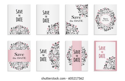 Save the date.Set of postcards with inscription.Template with colorful handmade abstract pattern in pastel color.Vector illustration for congratulation or invitation.Can be used to invite to a wedding