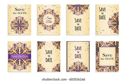 Save the date.Set of postcards with inscription.Vintage template with pattern in violet and yellow color.Colored vector illustration for congratulation or invitation.Can be used to invite to a wedding