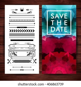 Save the date poster and placeholder text over abstract red and blue background beside panel of various borders and frame icons