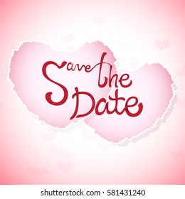 Save the Date red ribbon on pink background. ink hand lettering. Save the date in calligraphic style