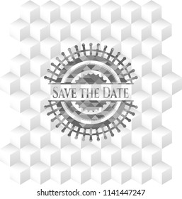 Save the Date retro style grey emblem with geometric cube white background