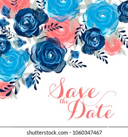 Save the date Rose pink blue floral vector background