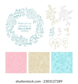 Save the date roses wreath, three seamless patterns, floral elements. Date,anniversary, birthday cards, wedding  invitations. Delicate floral pattern. Line style vector design. 