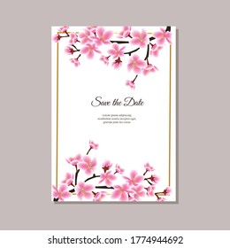 Save the date - sakura tree branch frame on top and bottom of wedding invitation template, beautiful rose cherry blossom flowers around rectangle border. Vector illustration
