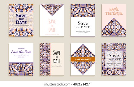 Save the date. Set of cards with inscription. Vintage template colorful mosaic pattern. Colored vector illustration for congratulation or invitation.