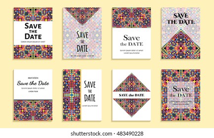 Save the date. Set of cards with inscription. Vintage template colorful mosaic pattern. Colored vector illustration for congratulation or invitation.