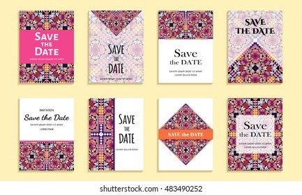 Save the date. Set of cards with inscription. Vintage template colorful mosaic pattern. Colored vector illustration for congratulation or invitation.