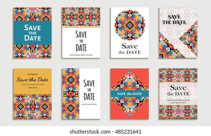 Save the date. Set of cards with inscription. Vintage template colorful mosaic pattern. Colored vector illustration for congratulation or invitation.
