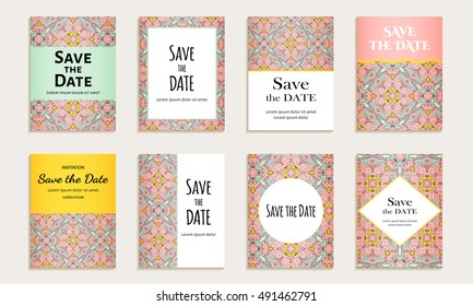 Save the date. Set of cards with inscription. Vintage template colorful pattern. Colored vector illustration for congratulation or invitation.
