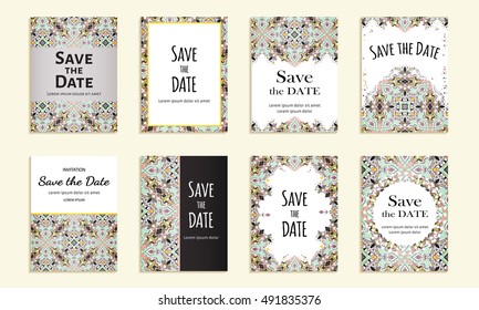 Save the date. Set of cards with inscription. Vintage template colorful pattern. Colored vector illustration for congratulation or invitation.
