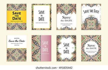 Save the date. Set of cards with inscription. Vintage template colorful pattern. Colored vector illustration for congratulation or invitation.