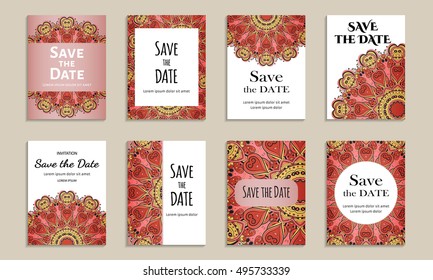 Save the date. Set of cards with inscription. Vintage template colorful pattern. Colored vector illustration for congratulation or invitation.