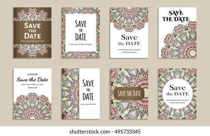 Save the date. Set of cards with inscription. Vintage template colorful pattern. Colored vector illustration for congratulation or invitation.
