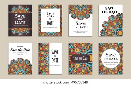 Save the date. Set of cards with inscription. Vintage template colorful pattern. Colored vector illustration for congratulation or invitation.