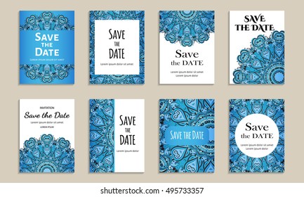 Save the date. Set of cards with inscription. Vintage template colorful pattern. Colored vector illustration for congratulation or invitation.