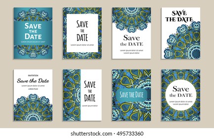 Save the date. Set of cards with inscription. Vintage template colorful pattern. Colored vector illustration for congratulation or invitation.