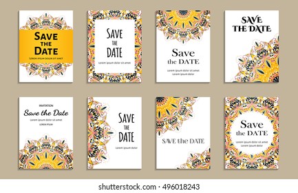 Save the date. Set of cards with inscription. Vintage template colorful pattern. Colored vector illustration for congratulation or invitation.