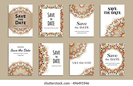 Save the date. Set of cards with inscription. Vintage template colorful pattern. Colored vector illustration for congratulation or invitation.