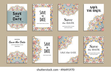 Save the date. Set of cards with inscription. Vintage template colorful pattern. Colored vector illustration for congratulation or invitation.