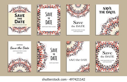 Save the date. Set of cards with inscription. Vintage template colorful pattern. Colored vector illustration for congratulation or invitation.