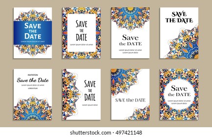 Save the date. Set of cards with inscription. Vintage template colorful pattern. Colored vector illustration for congratulation or invitation.