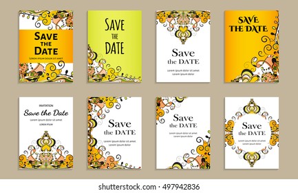 Save the date. Set of cards with inscription. Vintage template colorful pattern. Colored vector illustration for congratulation or invitation.