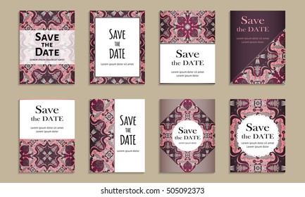 Save the date. Set of cards with inscription. Vintage template colorful pattern. Colored vector illustration for congratulation or invitation.