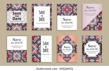 Save the date. Set of cards with inscription. Vintage template colorful pattern. Colored vector illustration for congratulation or invitation.
