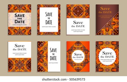 Save the date. Set of cards with inscription. Vintage template colorful pattern. Colored vector illustration for congratulation or invitation.