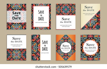 Save the date. Set of cards with inscription. Vintage template colorful pattern. Colored vector illustration for congratulation or invitation.