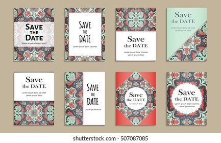 Save the date. Set of cards with inscription. Vintage template colorful pattern. Colored vector illustration for congratulation or invitation.