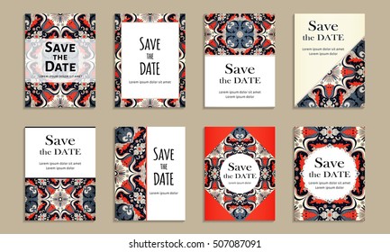 Save the date. Set of cards with inscription. Vintage template colorful pattern. Colored vector illustration for congratulation or invitation.