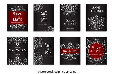 Save the date. Set of cards with inscription. Vintage template abstract hand drawn pattern. Colored vector illustration for congratulation or invitation.