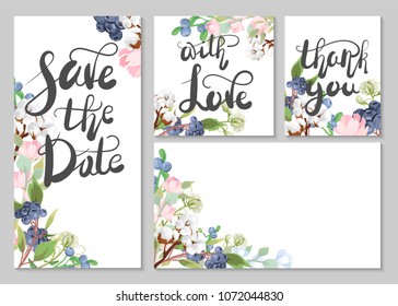 Save the date. A set of cards for invitations, congratulations, etc. A set of cards with flowers and berries