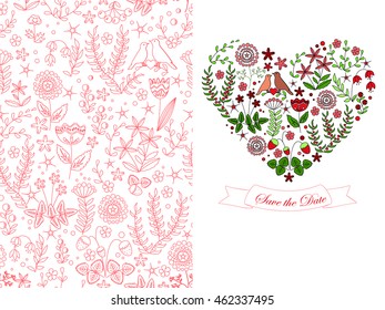 Save the date set from floral seamless pattern and heart shape from flowers, leaves, and birds couple. Romantic background. Vector illustration