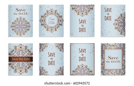 Save the date. Set of postcards with inscription. Template with handmade abstract ornament in soft blue color. Vector illustration for congratulation or invitation.Can be used to invite to a wedding.