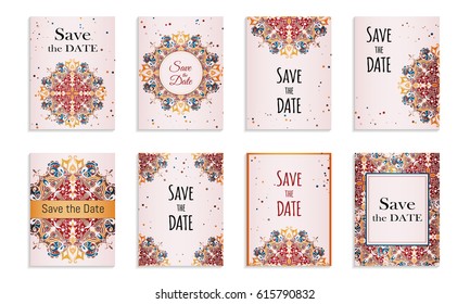 Save the date. Set of postcards with inscription. Vintage template with bright abstract handmade pattern.Colored vector illustration for congratulation or invitation.Can be used to invite to a wedding