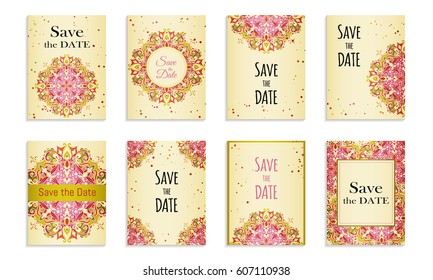 Save the date. Set of postcards with inscription.Template with colorful handmade abstract pattern in pink color. Vector illustration for congratulation or invitation.Can be used to invite to a wedding