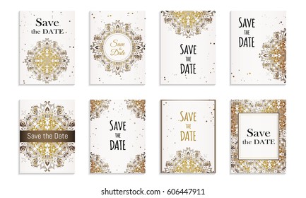 Save the date. Set of postcards with inscription.Vintage template with abstract handmade ornament in brown color.Vector illustration for congratulation or invitation.Can be used to invite to a wedding
