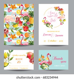 Save the Date set of Wedding Cards in Floral Background. Tropical Fruits, Flowers and Flamingo Birds in Vector.