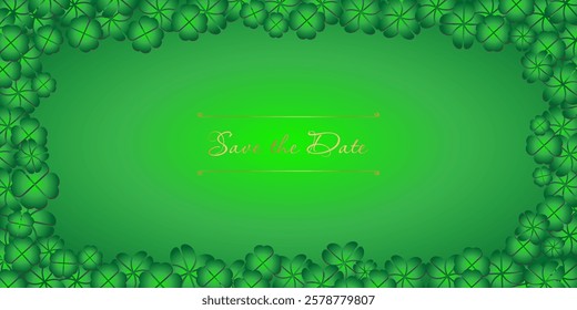 Save the date Shamrock clover copy space card. Green Shamrock clover banner. St Patrick day symbols background, leprechaun leaf template. 